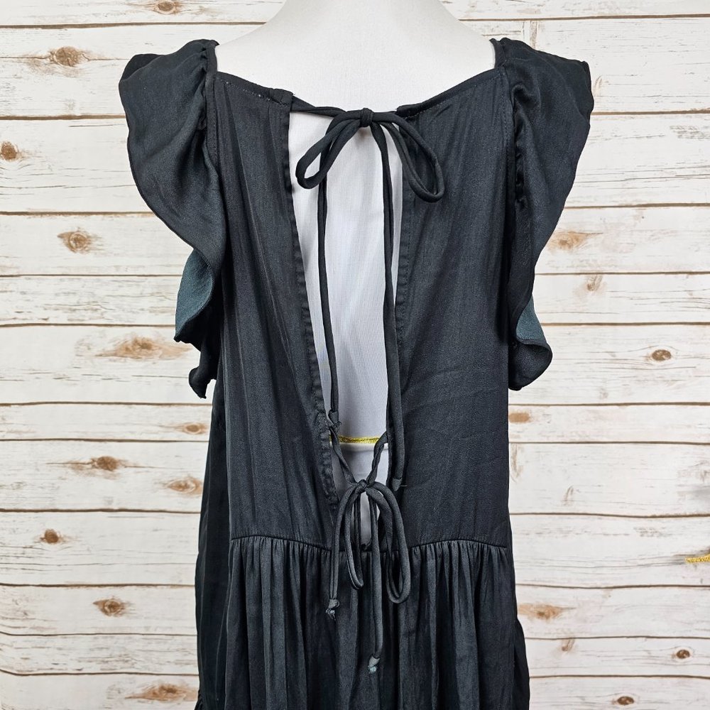 Intimately Free People Sz M Want Your Love Black Mini Dress Smocked Tie Back - Picture 6 of 11